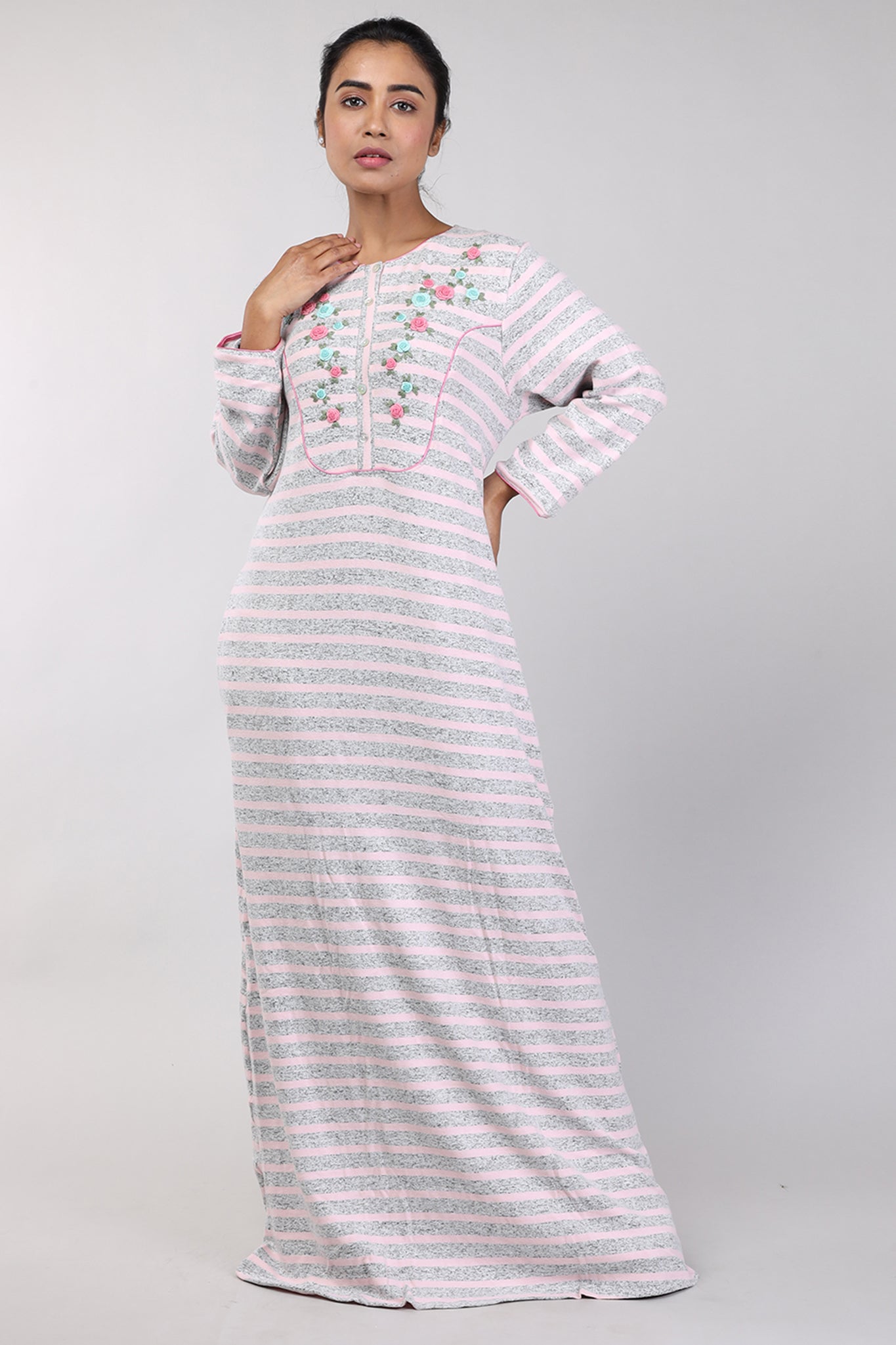 Women Pink Stripes Hand Embroidery Knitted Winter Nighty