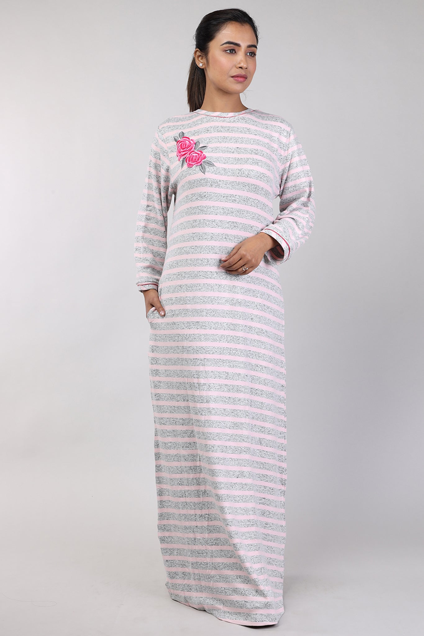 Women Pink Stripes Machine Embroidery Knitted Winter Nighty