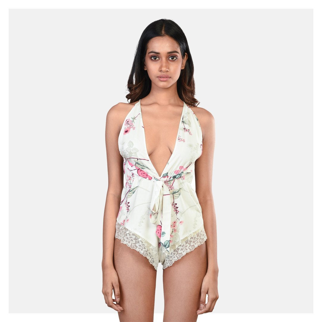 Woman Off White Floral Cotton Rayon Printed Playsuit Sleepwear