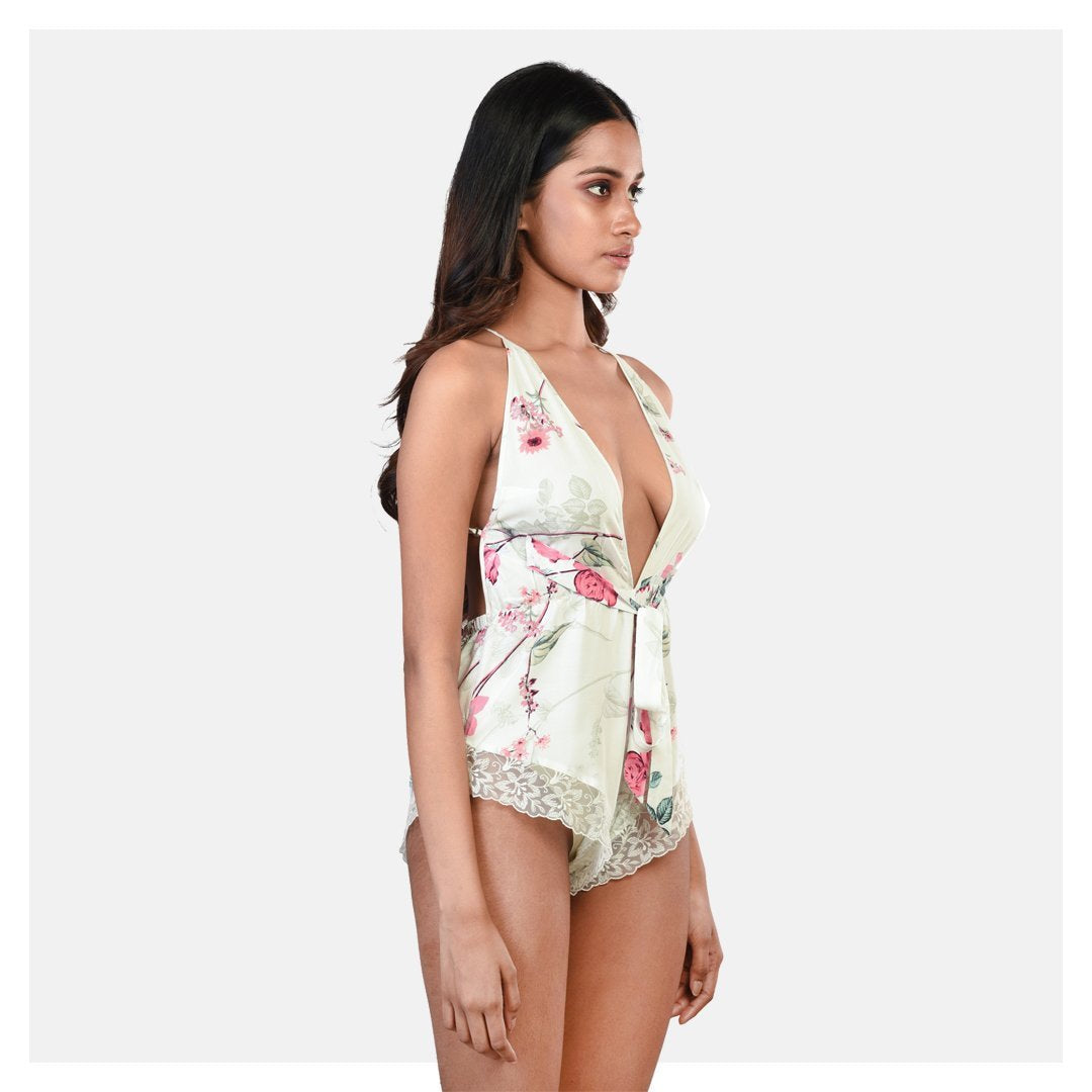 Woman Off White Floral Cotton Rayon Printed Playsuit Sleepwear