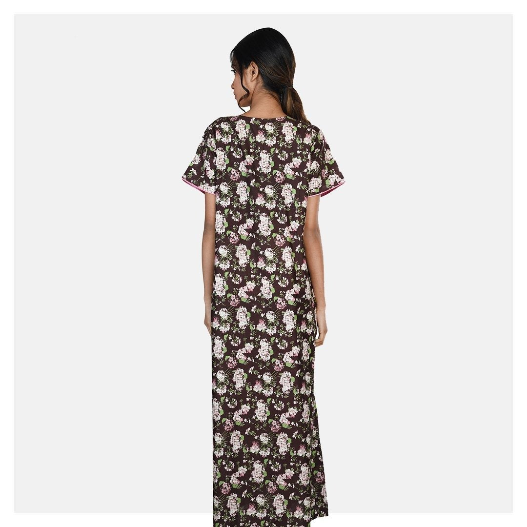 Women Brown Flap Style Floral Printed Cotton Feeding Nighty - Suman Nathwani