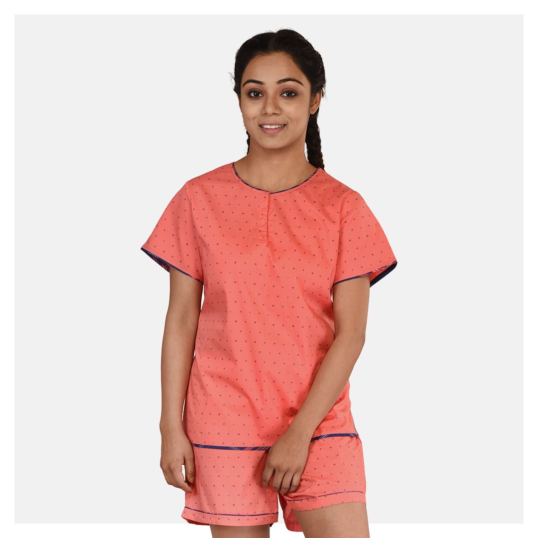 Women Orange Peachy Dots Round Neck Cotton Top and Short