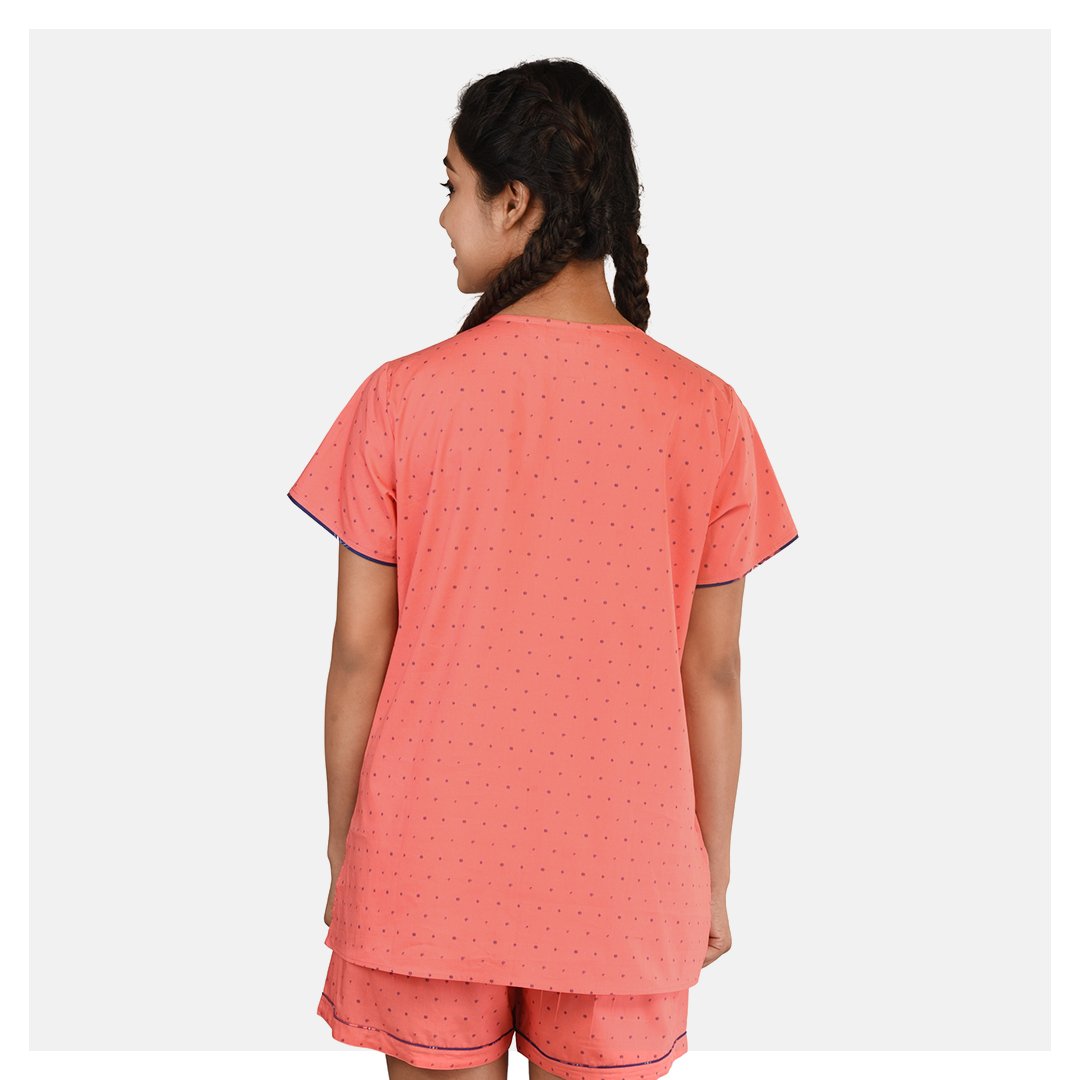 Women Orange Peachy Dots Round Neck Cotton Top and Short