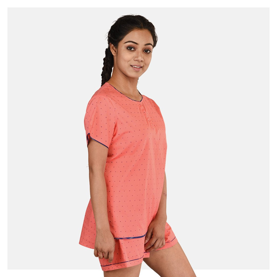 Women Orange Peachy Dots Round Neck Cotton Top and Short