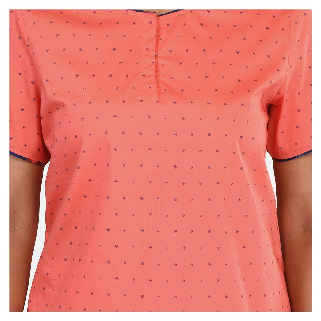 Women Orange Peachy Dots Round Neck Cotton Top and Short